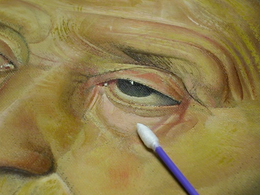 Grashe Seattle and Bellevue Fine Art Restorers. Rare and interesting cases of antique restoration: Boris Grigoriev painting, 1886-1939, &Eacute;migr&eacute; Art, World of Art 1886-1939, Oil on Canvas, 34" X 23". Restoration project in process.