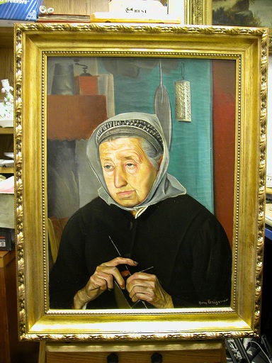 Grashe Seattle and Bellevue Fine Art Restorers. Rare and interesting cases of antique restoration: Boris Grigoriev painting, 1886-1939, &Eacute;migr&eacute; Art, World of Art 1886-1939, Oil on Canvas, 34" X 23". Restoration project in process.