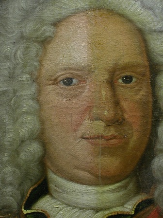 Grashe Seattle and Bellevue Fine Art Restorers. Rare and interesting cases of antique restoration: Friedrich Wilhelm Dux of Saxonia and Meisson painting, Oil on Canvas, 22" X 27" Circa 1733. Restoration project in process.