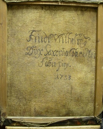 Grashe Seattle and Bellevue Fine Art Restorers. Rare and interesting cases of antique restoration: Friedrich Wilhelm Dux of Saxonia and Meisson painting, Oil on Canvas, 22" X 27" Circa 1733. Restoration project in process.