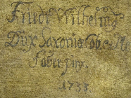 Grashe Seattle and Bellevue Fine Art Restorers. Rare and interesting cases of antique restoration: Friedrich Wilhelm Dux of Saxonia and Meisson painting, Oil on Canvas, 22" X 27" Circa 1733. Restoration project in process.