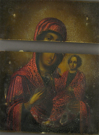 Grashe Seattle and Bellevue Fine Art Restorers. Rare and interesting cases of antique restoration: Mother of God of Kazan Russian Icon 19 Century, Icon and Silver Oklad, Circa 1855